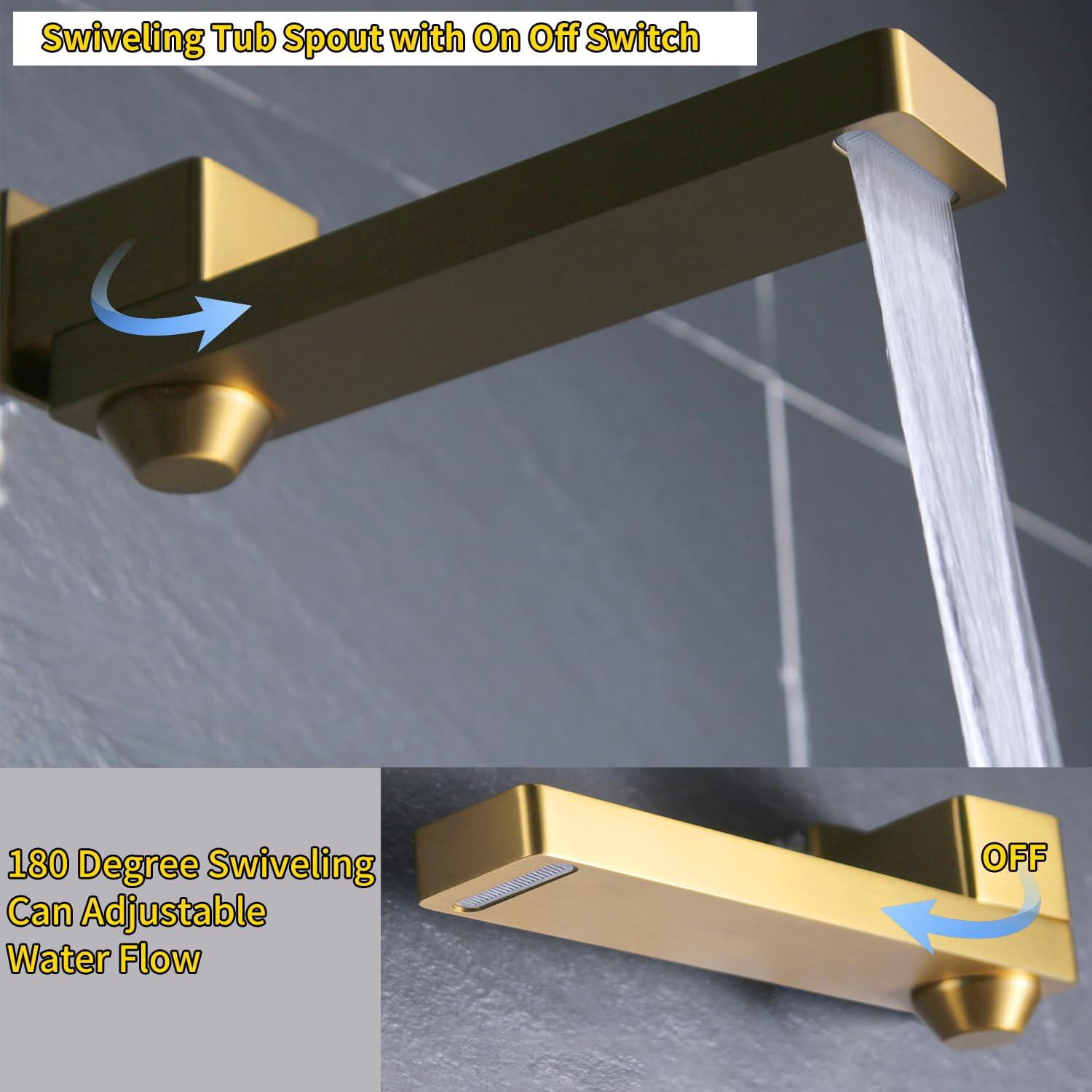 Brushed Gold Waterfall Tub Faucet Spout, Wall Mount 180-Degree Swivel for Bathtub