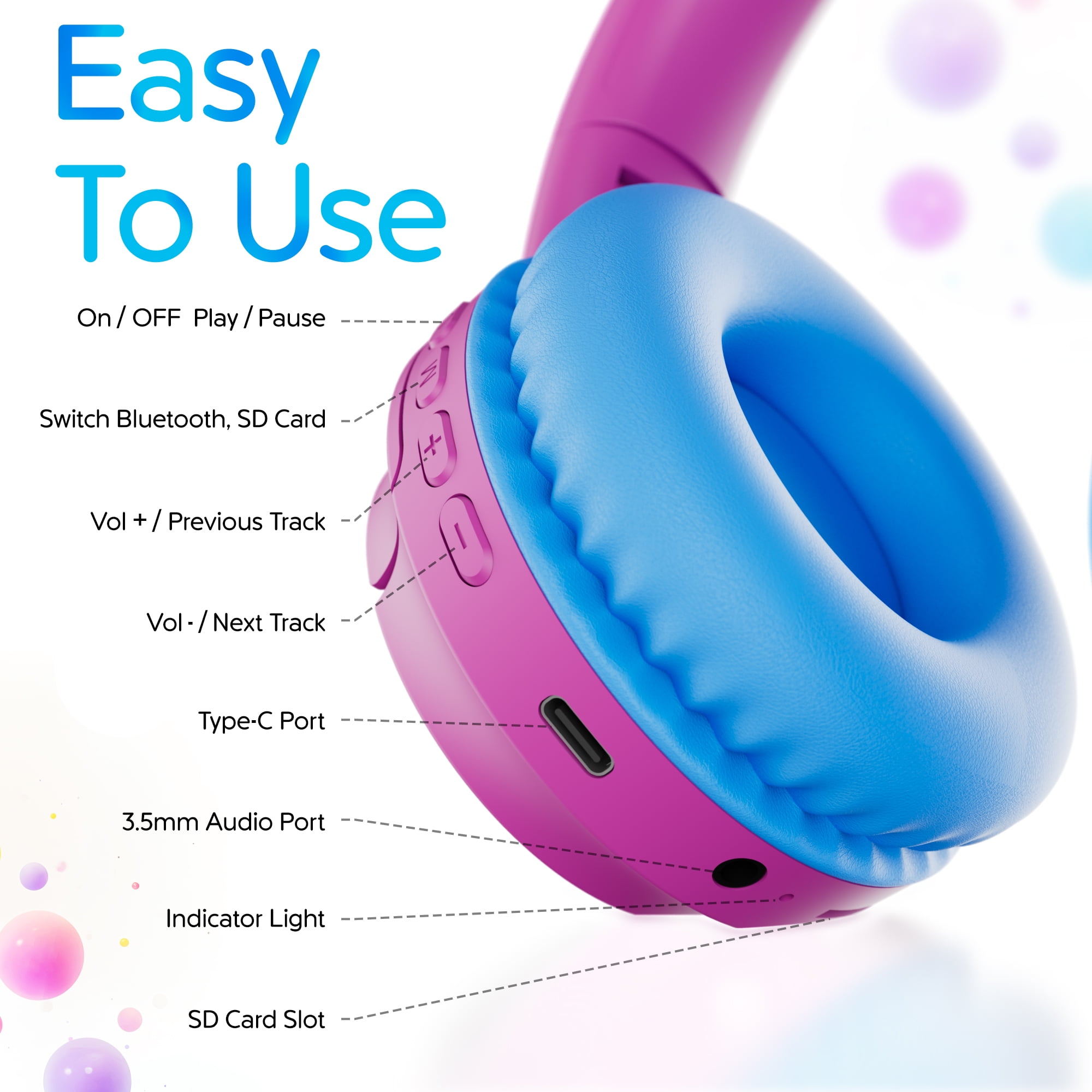 Contixo Foldable Kids Headphones with Microphone, Noise-Limiting Bluetooth Headphones, Pink