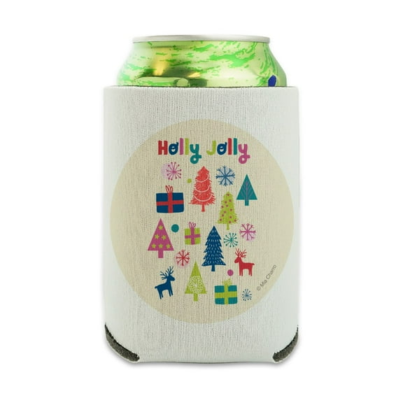 Holly Jolly Christmas Can Cooler - Drink Sleeve Hugger Collapsible Insulator - Beverage Insulated Holder