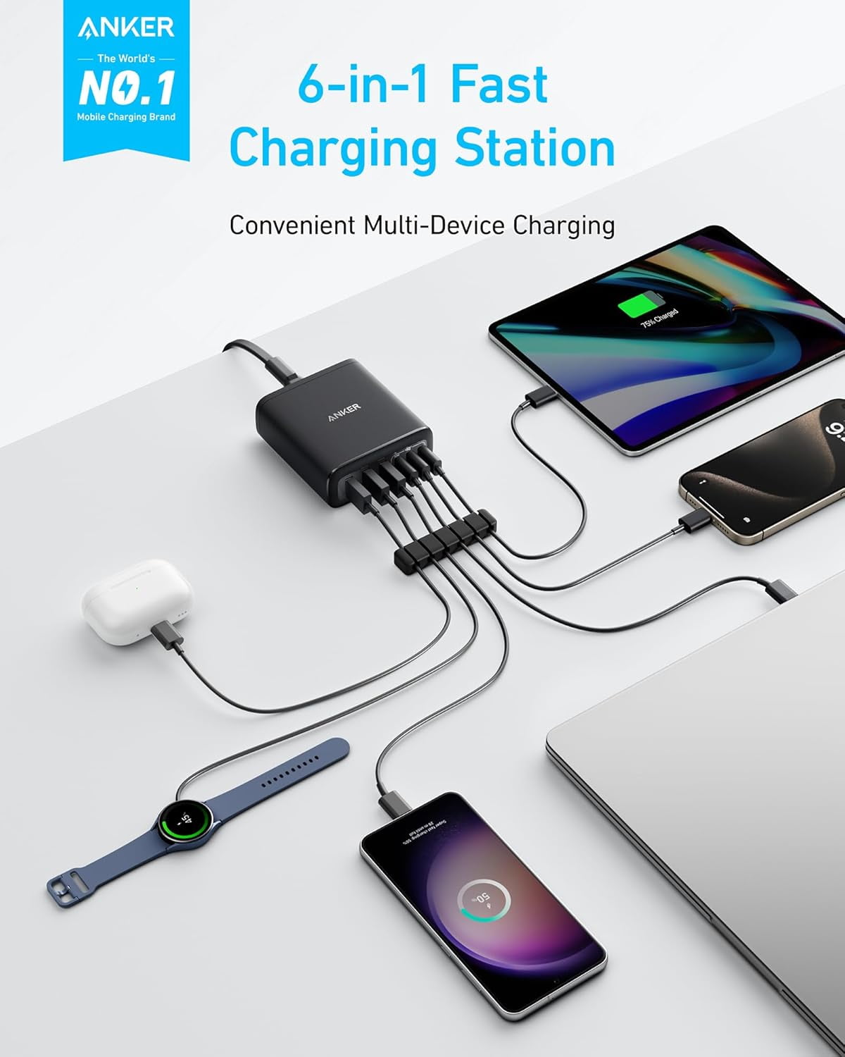 Anker Desktop Charger, Fast Charging USB C Charger, 112W Max 6-Port Charging Station