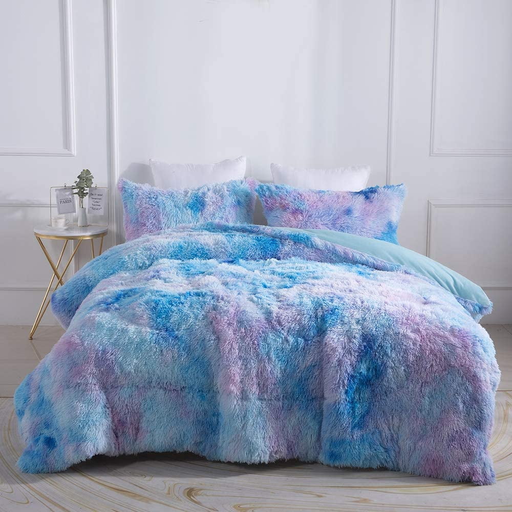 Wajade Plush Shaggy Comforter Set Fluffy Fuzzy Faux Fur Bedding Set - 3PC Microfiber Soft Warm Quilt Set(Galaxy Blue,Queen Size)