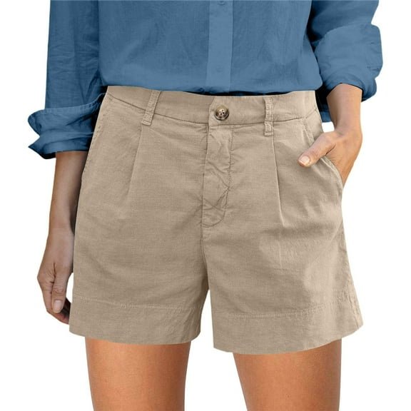 Hienoo Women's Linen Flat Front Shorts Solid Color Casual Workwear Shorts, Sizes S-XXL