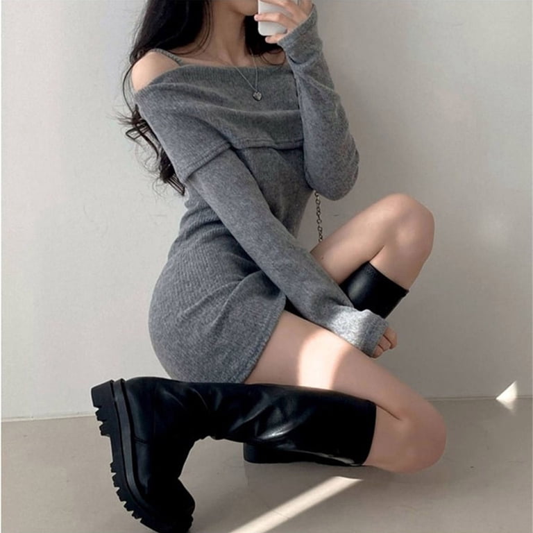Aellinatey Trendy off Shoulder Sweater Mini Dress Solid Color Long Sleeve Knit Dresses - Walmart.com Aellinatey Trendy off Shoulder Sweater Mini Dress Solid Color Long Sleeve Knit Dresses - Walmart.com