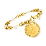 Ross-Simons Italian 6mm Cultured Pearl and Replica Lira Coin Byzantine Bracelet in 18kt Gold Over Sterling