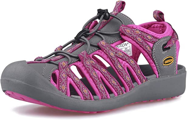 GRITION Women Hiking Sandals Wide Outdoor Girl Sport Summer Flat Beach Water Shoes Open Toe Adjustable Walking Shoes 