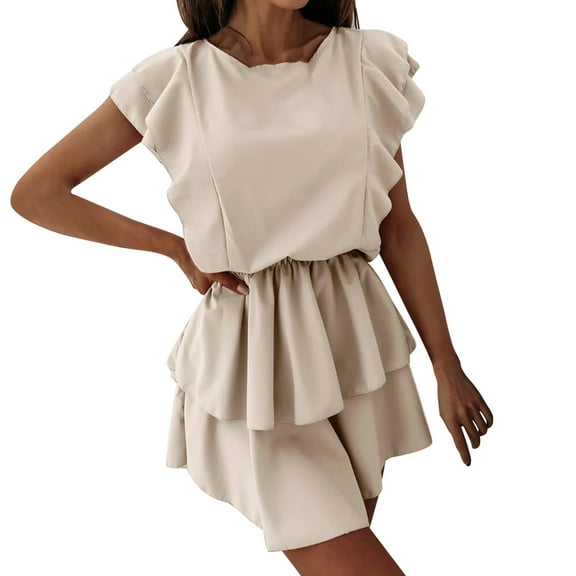 RYKJLWY Summer Dresses for Women 2024 Women's Loose Peplum Short Sleeved Double Layer Dress Casual Dresses White Dresses (Khaki,M)