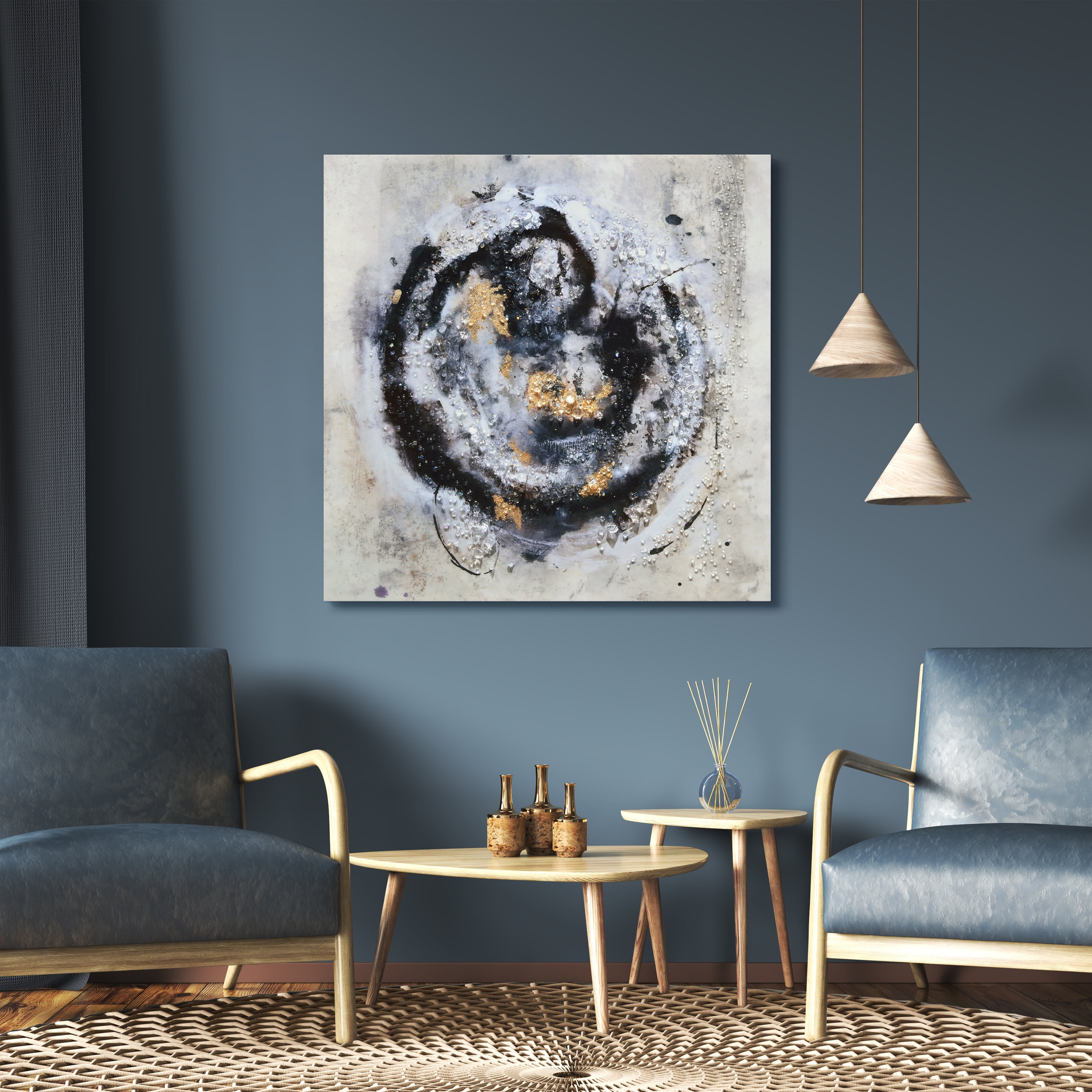 "Cosmic Swirl I & II" Crystallus Epoxy Coated Wrapped Glossy Abstract Canvas Wall Art with Heavy Acrylic Crystal Shards Embellishments, Gold Foil Accents