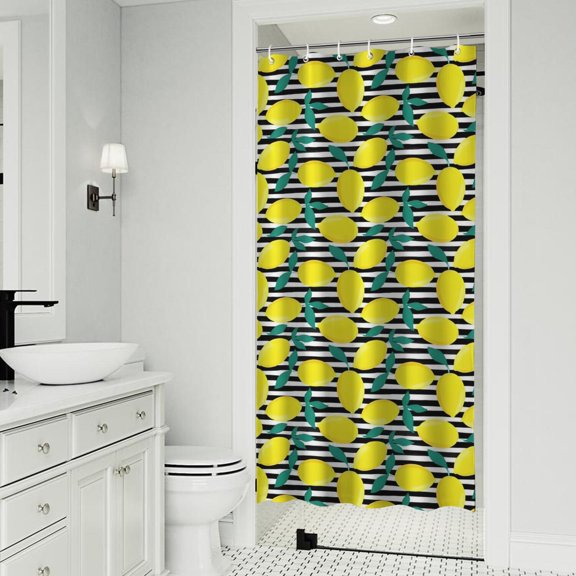Yellow Lemon Fruit Leaves BlackWhite Pattern Shower Curtain 36"x72" ,Bathroom Decorative Shower Curtains Set with 12 Hooks,Modern Waterproof Washable Shower Curtain