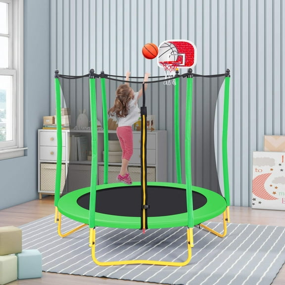 5.5Ft Trampoline For Kids 65" Outdoor  Indoor Mini Toddler Trampoline With Enclosure, Basketball Hoop And Ball Included Grass Green Metal