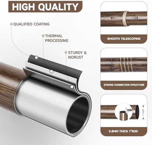 Walnut Wood Curtain Rods for Windows 72 to 144 Inch(6-12ft) - 1'' Diameter Heavy Duty Curtain Rods with Imitation Wood Grain Pattern Finials,Adjustable Decorative Curtain Rods Set,28-144''