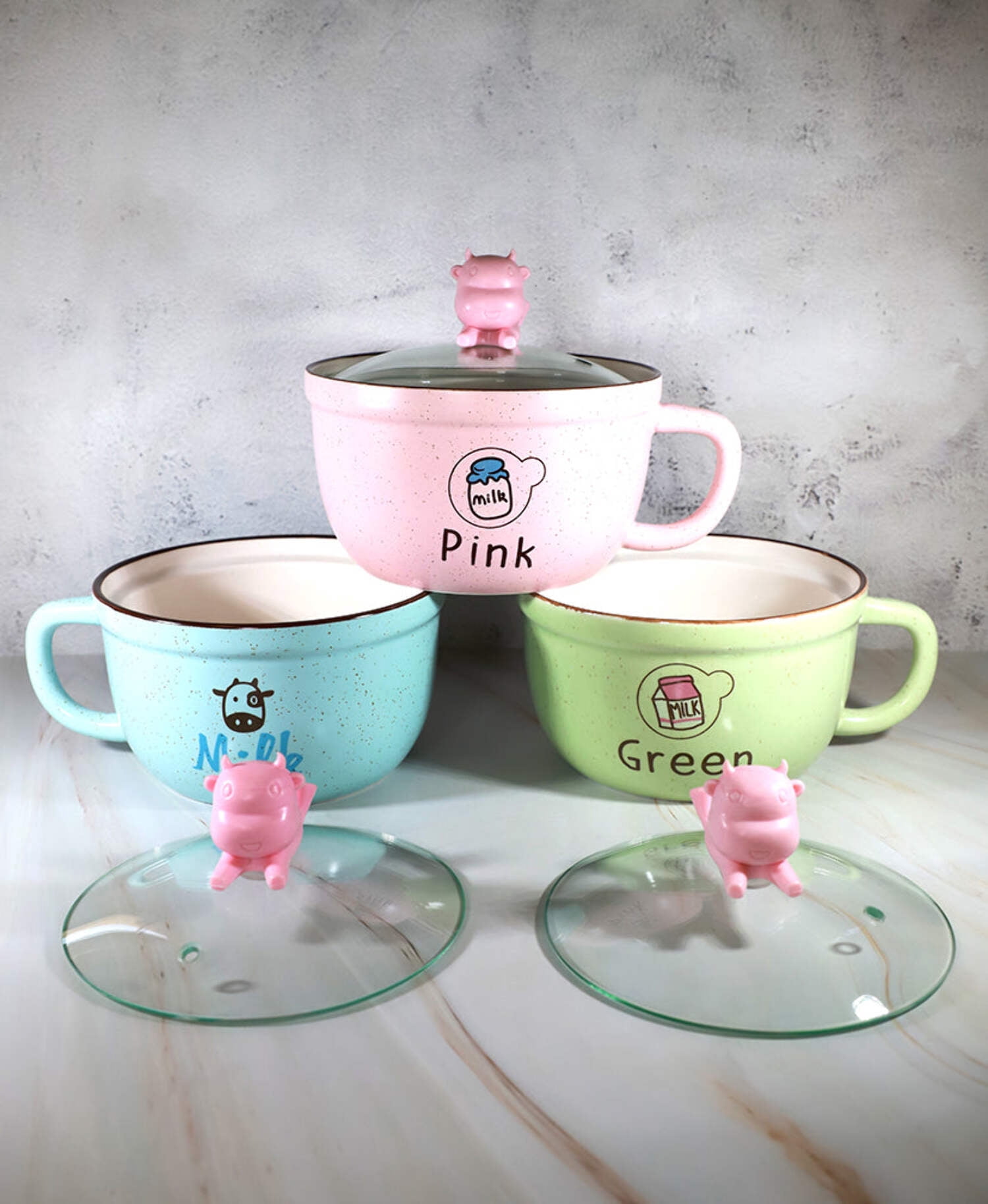Microwavable Ceramic Noodle Bowl with Handle and Glass Lid Cute Cartoon