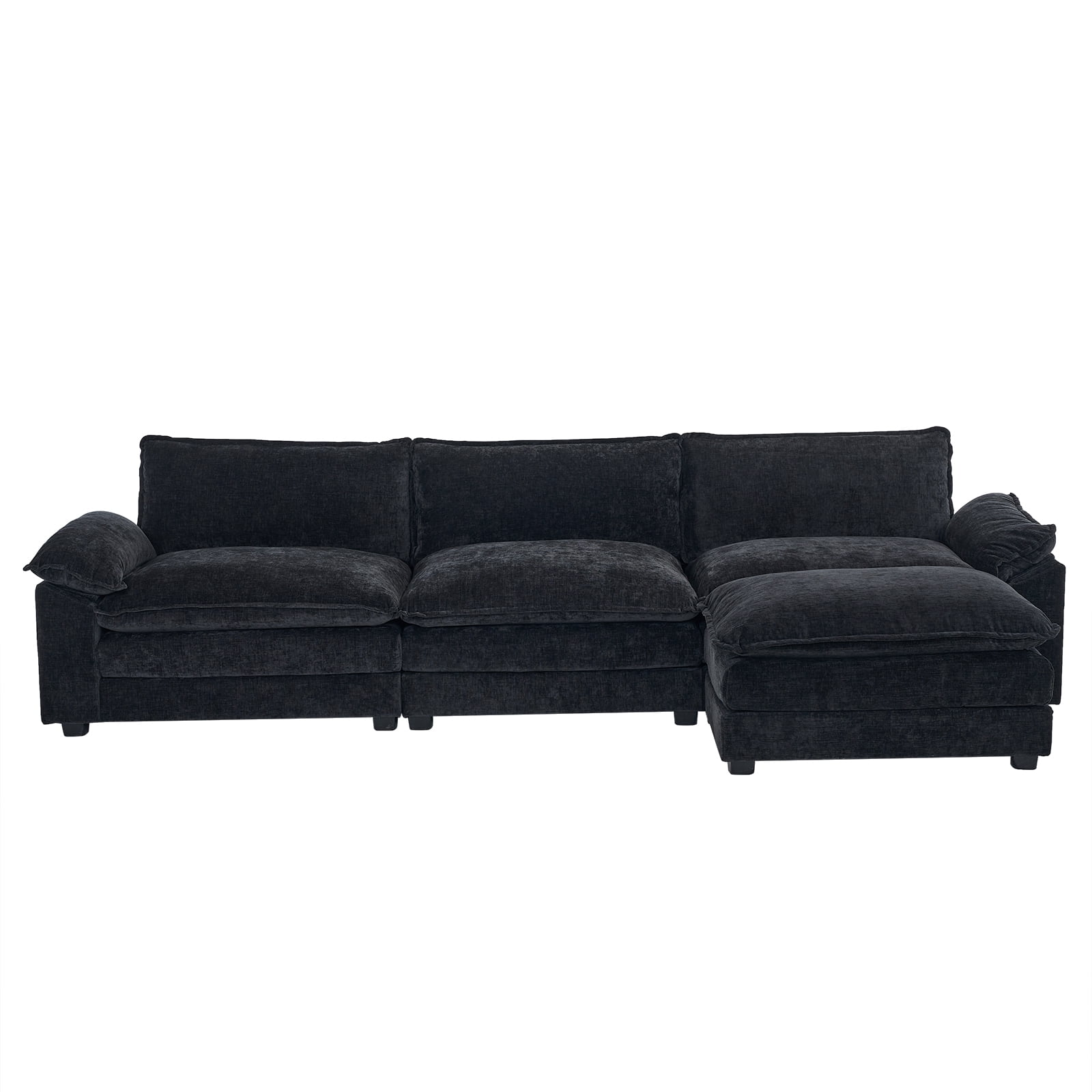 Zimtown Sectional Sofa with Ottoman, L Shaped Convertible Couch with Removable Chaise Chenille Fabric Sofa Set for 4-6 Persons Living Room Furniture Black