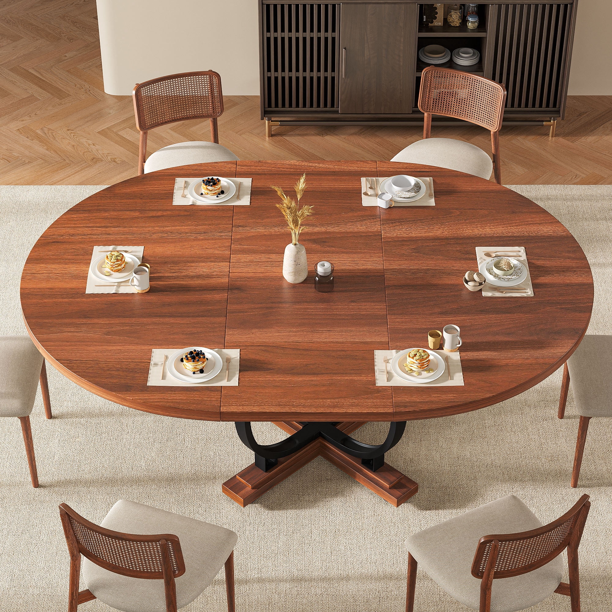 Einhomn 59”Extendable Round Dining Table for 4-8 ,Dining Room Table with X-Shaped Heavy Duty Metal Base,Thickened MDF Board,Modern Kitchen Dining Table,Space Saving,Walnut