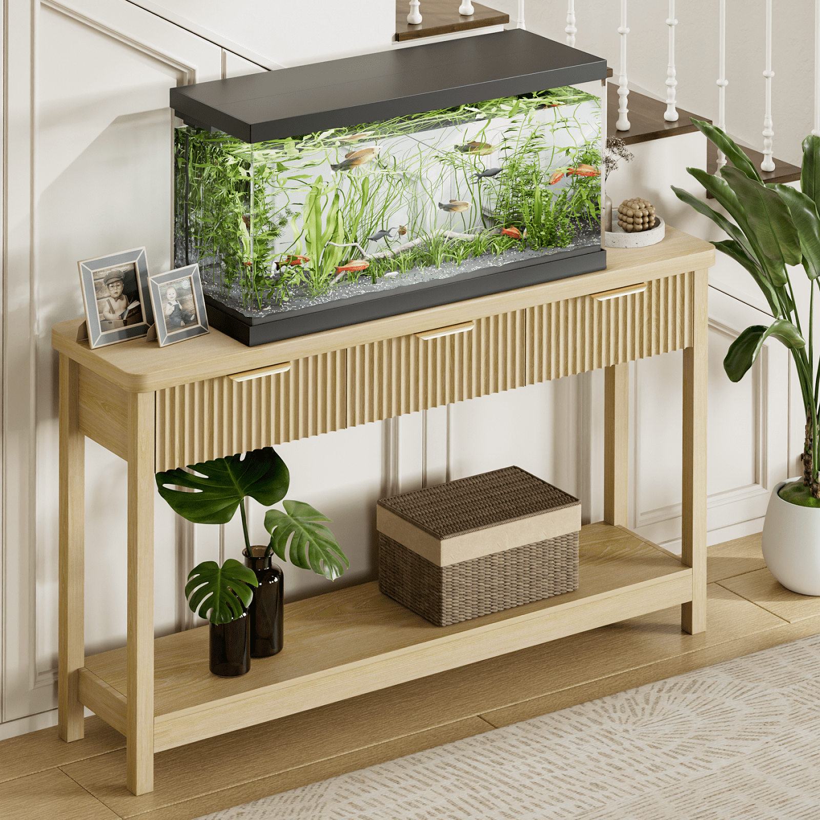 Aufeile 51" Entryway Table, Fluted Console Table with 3 Storage Drawers and Open Shelf, Narrow Couch Sofa Table for Living Room Hallway Entrance Foyer, Natural Oak