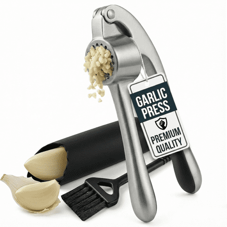 Garlic Press Set, Garlic Mincer with Silicone Peeler and Cleaning Brush, Easy Squeeze Ergonomic Handle, Rust Proof & Dishwasher Safe Garlic Crusher