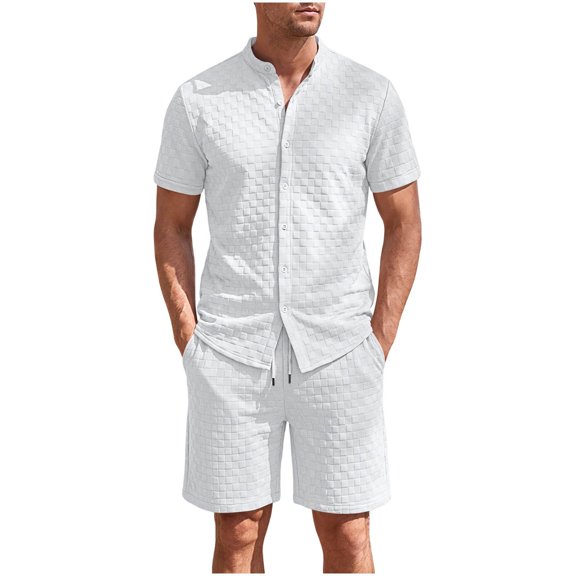 hotojiny Mens Summer Outfits 2 Piece Beach Vacation Set Plaid Short Sleeve Button down Shirts with Elastic Waist Shorts(White,X-Large)