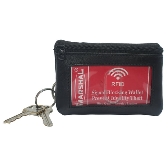 Genuine Leather Lightweight Zippered Minimalist Wallet with Clear ID Window with Key Ring