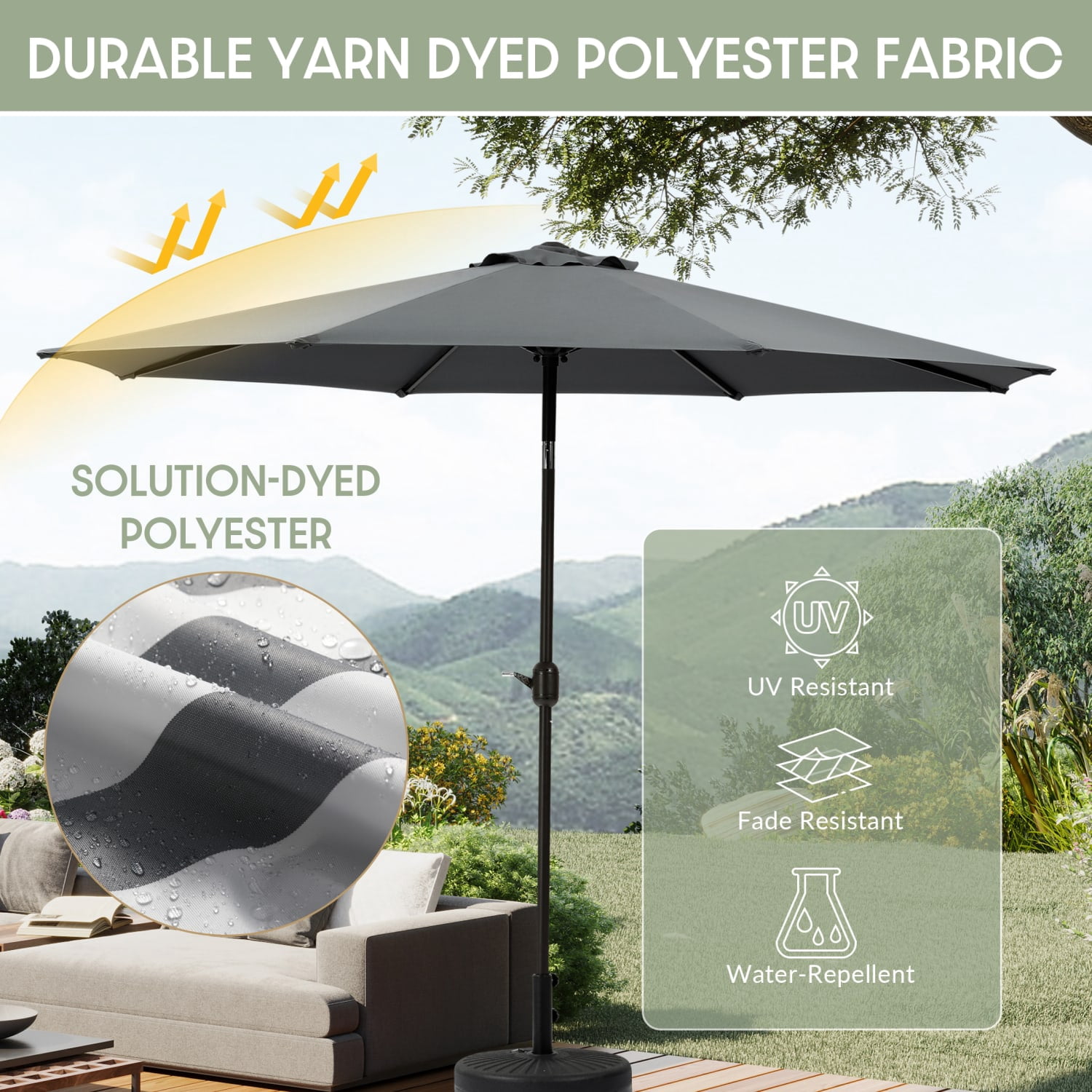 WestinTrends Paolo 9 Ft Outdoor Umbrella, Patio Shade Market Table Umbrella with Push Button Tilt and Easy Open Crank, Gray