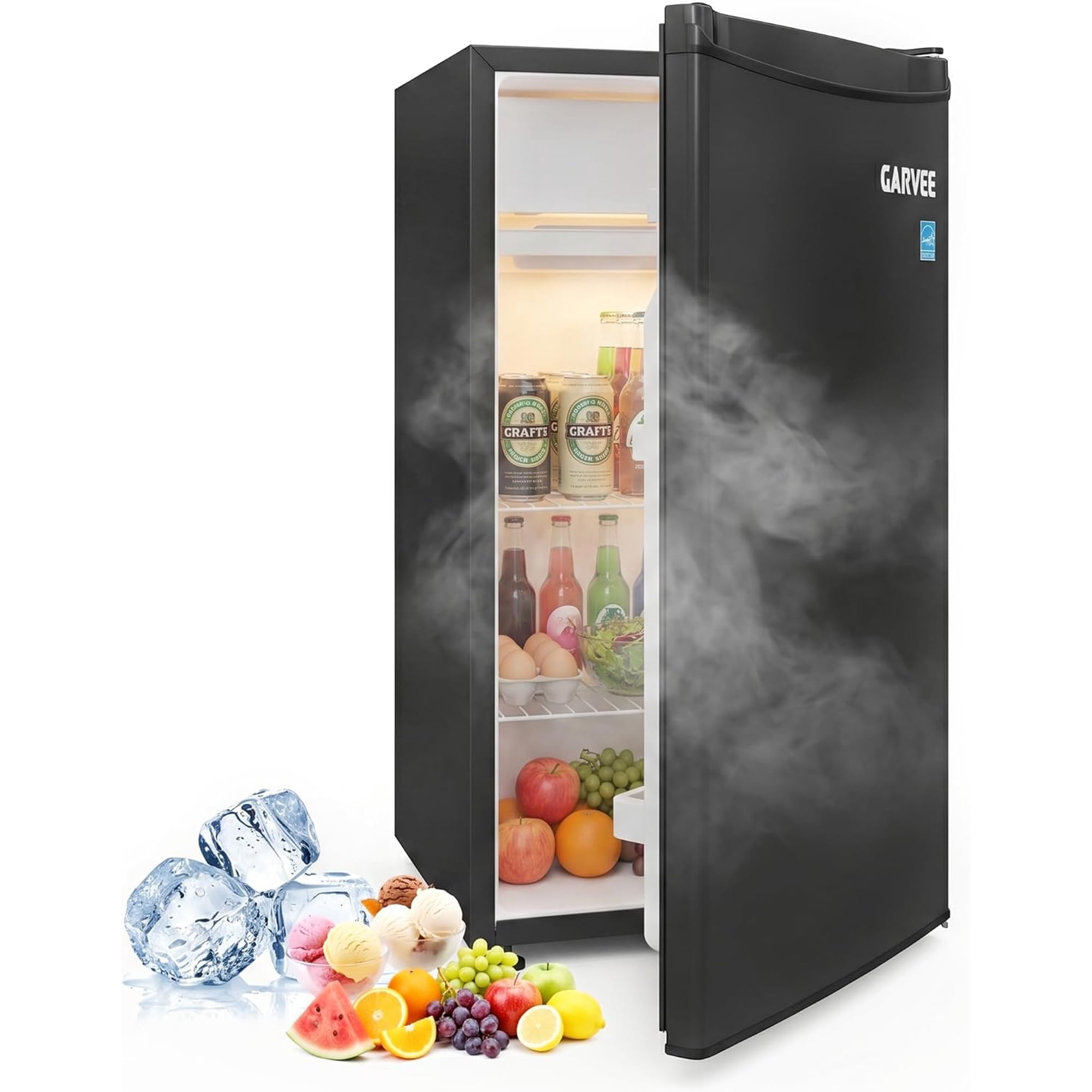 Energy Efficient 3.2 Cu.ft Mini Refrigerator with Freezer - Single Door, LED Light, Adjustable Shelves, Quiet, Space-Saving for Dorm, Office, Bedroom, Kitchen, Bar - 90L (US Standard)