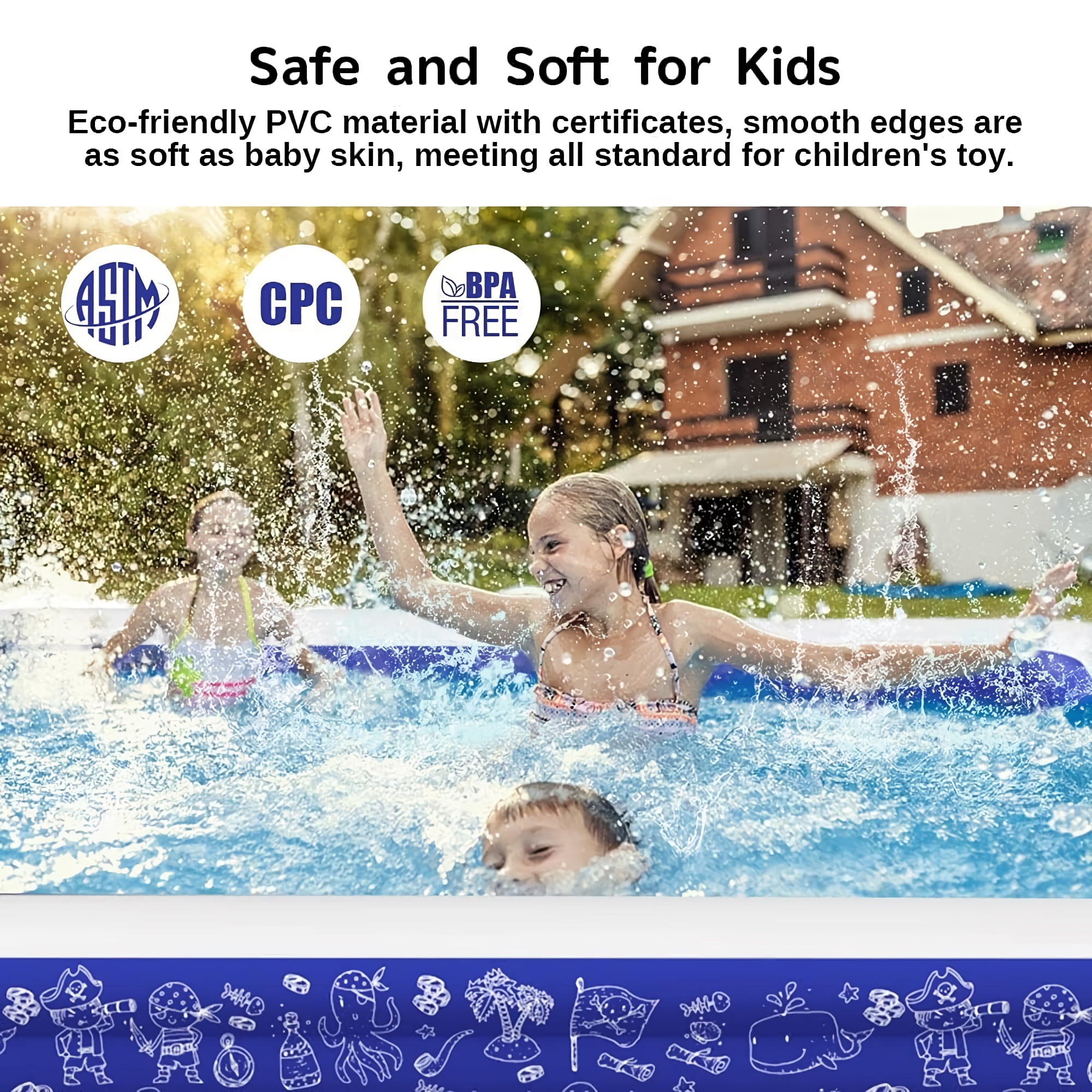 TOYTEXX Family Sized Inflatable Swimming Pool, 100" x 72" x 22", Blue, Puncture Resistant