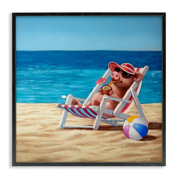 Stupell Industries Pig with Beach Cocktail Novelty Painting Black Framed Art Print Wall Art, 12 x 12