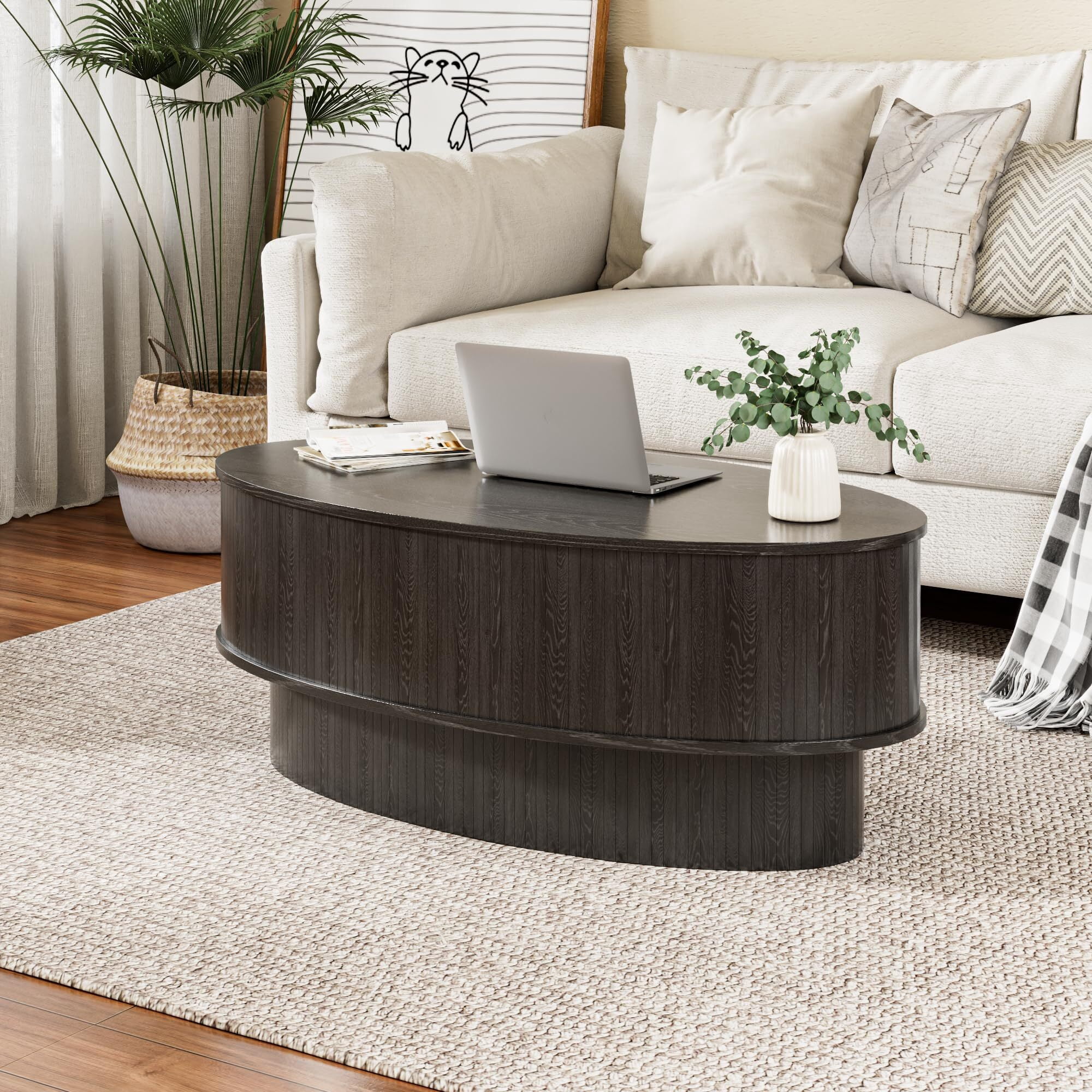 JEJEGORICH Oval Lift Top Coffee Table with Hidden Storage, 41 in Wooden Mid Century Modern Living Room Center Table, Black