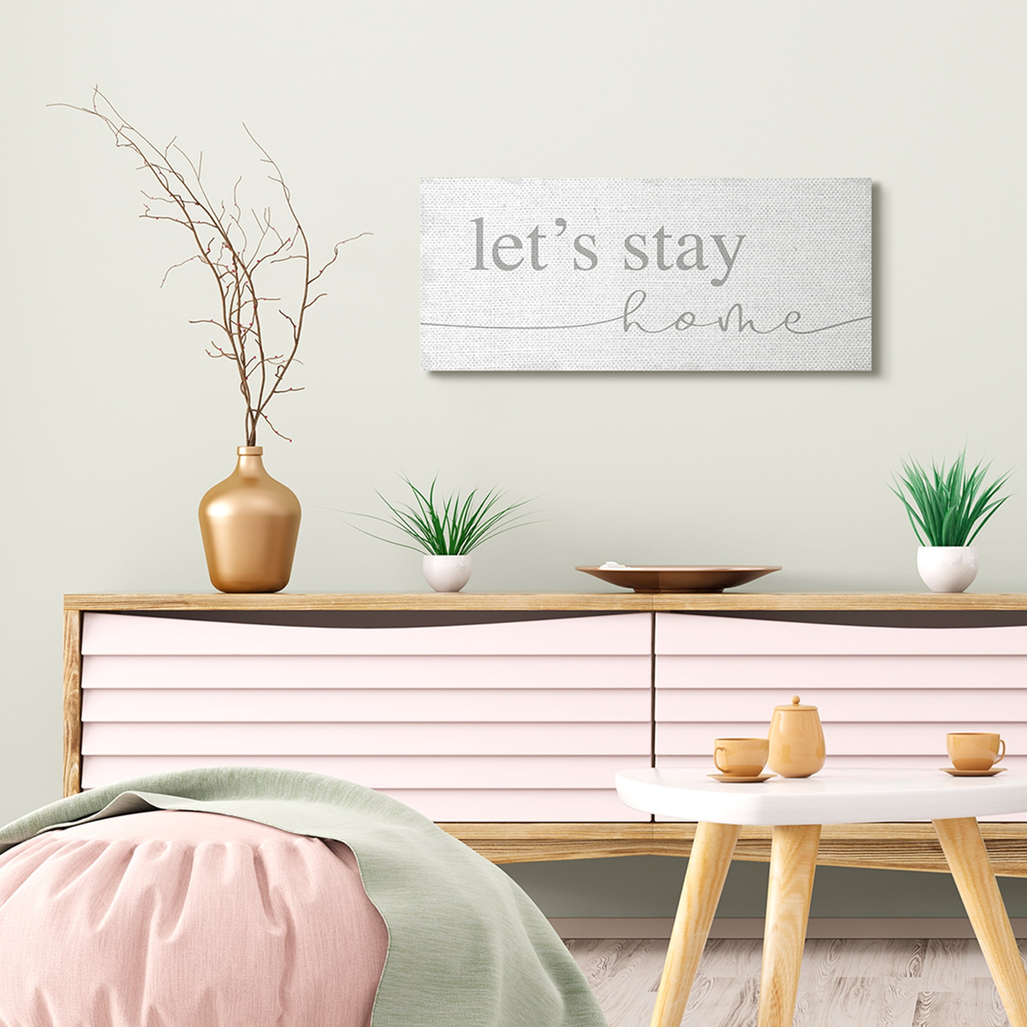 Stupell Industries Let's Stay Home Phrase Soft Grey Distressed Inspirational Painting Gallery Wrapped Canvas Art Print Wall Art, 13 x 30