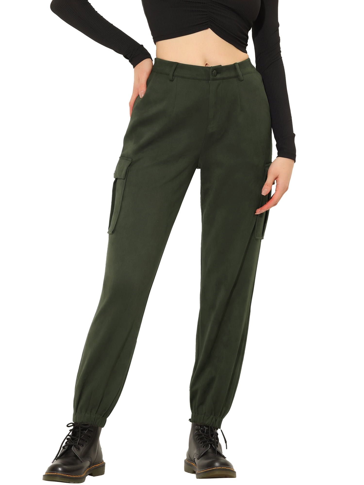 Unique Bargains Women's Suede Elastic High Waist Ankle Length Cargo Pants