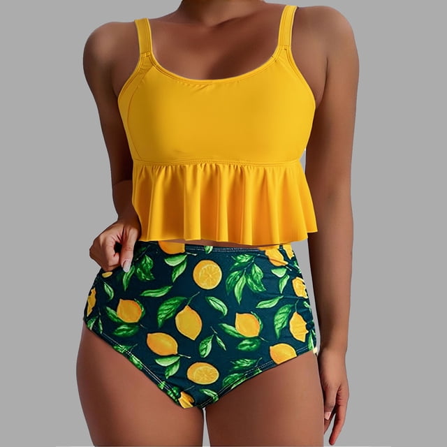 yoeyez Tummy Control Bathing Suits for Women,Ladies Two Piece Swimsuits Ruffle Cropped Tank Tops with Print Shorts Modest Swimwear Yellow,XXL
