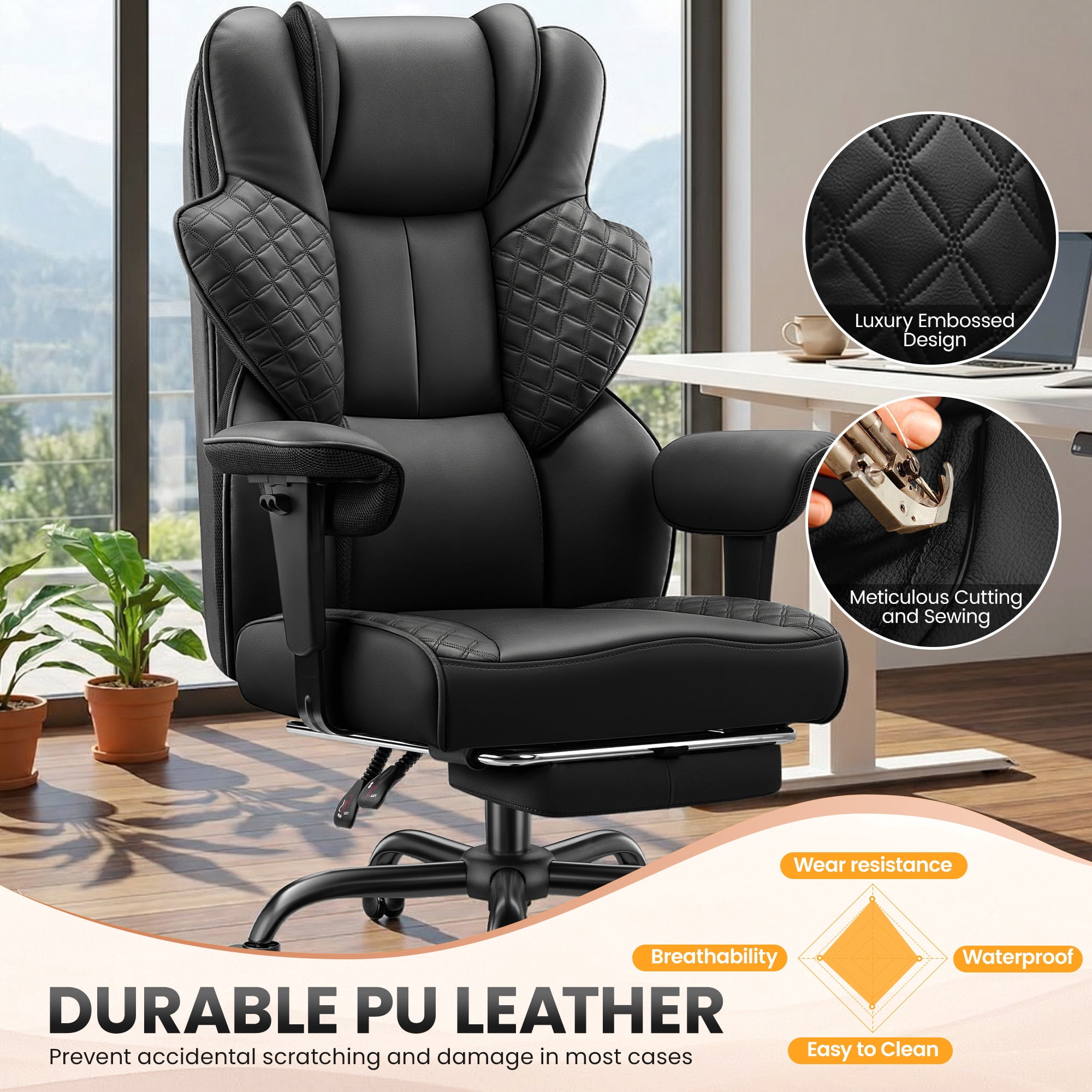COOLHUT Big and Tall Office Chair 500lbs, Heavy Duty Ergonomic Office Desk Chair with Deluxe Embossing PU Leather with Footrest, Executive Gaming Chair with Lumbar Support, Black