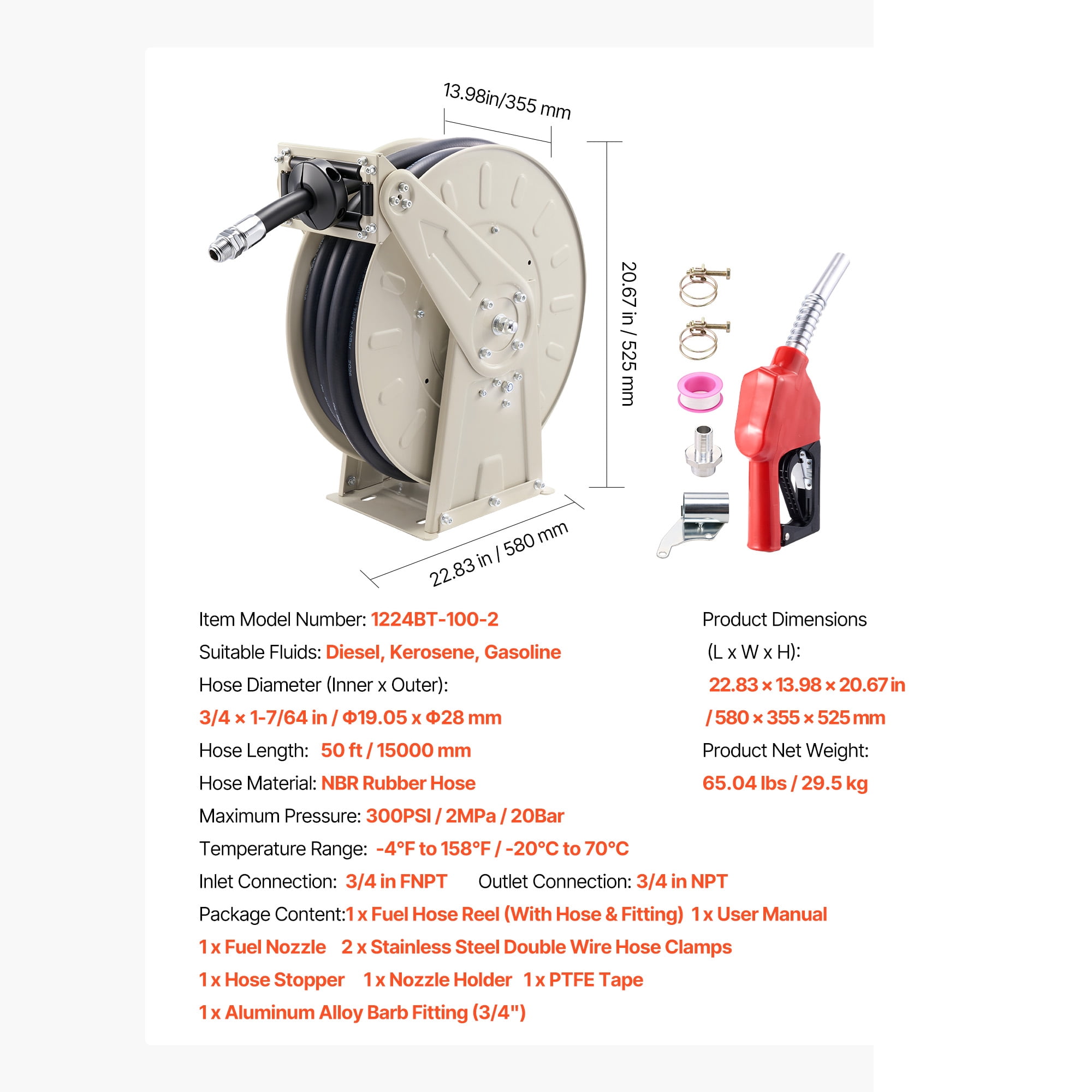 KFFKFF Retractable Fuel Hose Reel, 3/4 inch x 50 ft, Spring-Driven Auto Rewind, 300 PSI, Durable Carbon Steel Frame with Industrial-Grade Rubber Hose, Suitable for Diesel and Kerosene