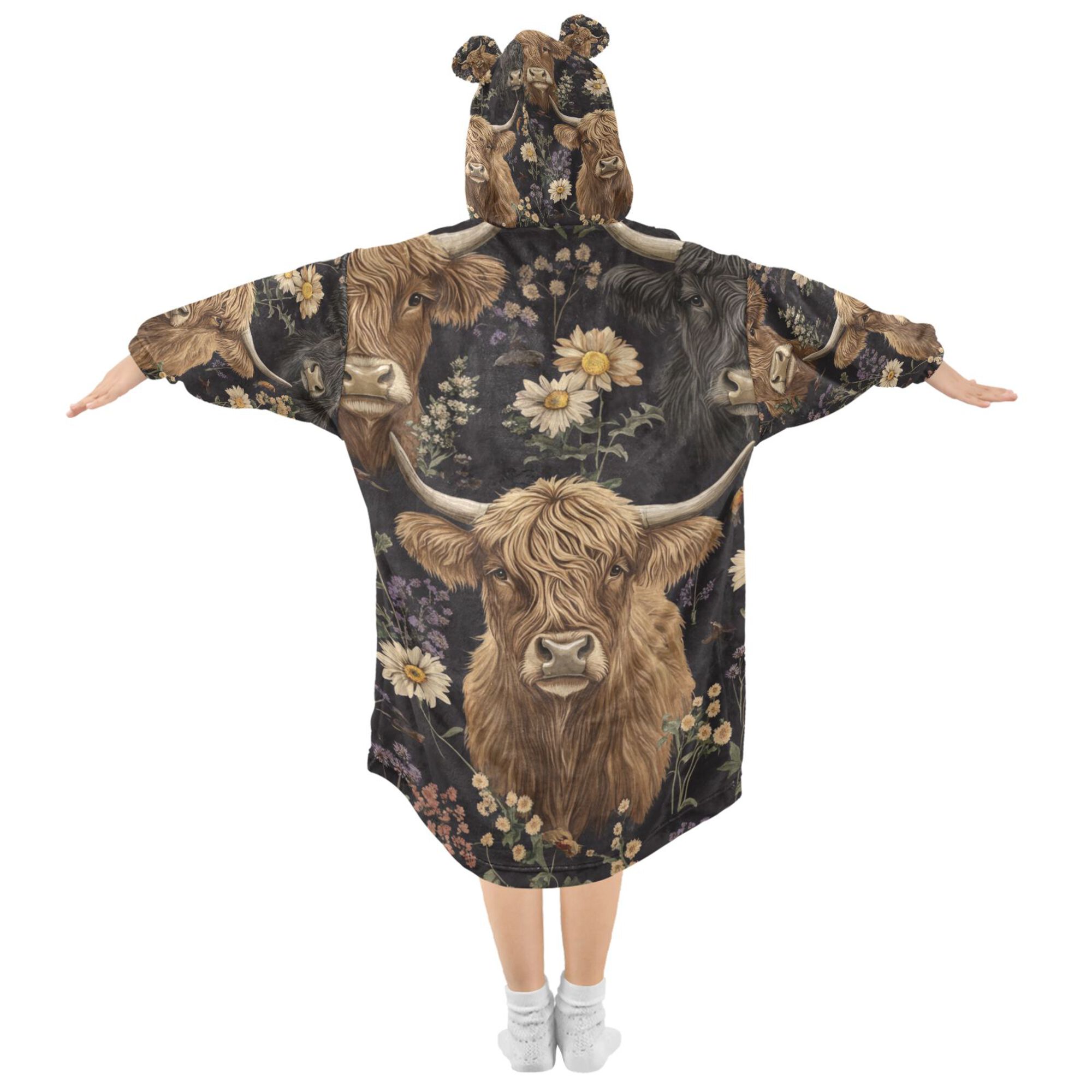 FORMRS Wearable Blanket Hoodie with Sleeves for Kids Cozy Flannel Sweatshirt, Cows and Flowers