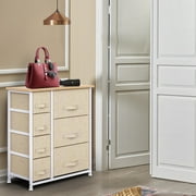 Beige Modern 7 Drawer Fabric Dresser with Wood Top