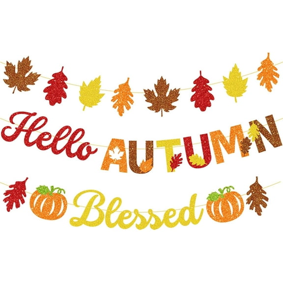 3Pcs Fall-Autumn Orange Brown Maple Leaves Garland Hallo Autumn Banner Pumpkin Blessed Backdrops for Harvest Friendsgiving Thanksgiving Party Room Shop Decorations Lasting Surprise