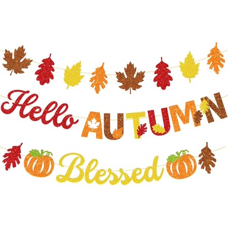 3Pcs Fall-Autumn Orange Brown Maple Leaves Garland Hallo Autumn Banner Pumpkin Blessed Backdrops for Harvest Friendsgiving Thanksgiving Party Room Shop Decorations Lasting Surprise