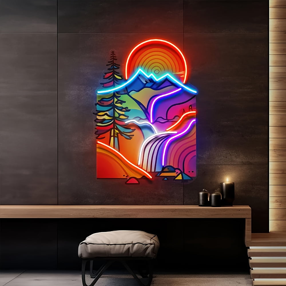 USB-Powered Neon Mountain Wall Lamp - Vibrant Sunset Landscape with Pine Trees & Waterfall, Abstract Pop Art Wall Decor for Home, Office, Cafe or Restaurant. Colorful Plastic Wall-Mounted Neon Sign L