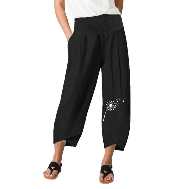 VEKDONE Pantalons en Coton et Lin pour Femmes Imprimé Pantalons Longs Noirs m