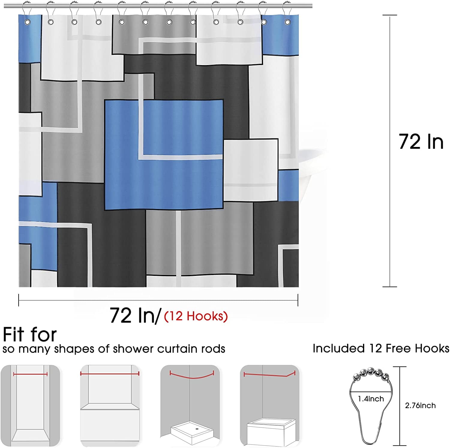 Shower Curtain Set with Hooks Blue and White Shower Curtain for Bathroom Fabric Grey Shower Curtain Geometric Bath Curtains Decorative Gray Shower Curtain Water Repellent, 72x72, Blue