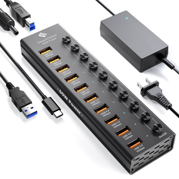 Hub USB 3.2 a tipo A, tipo C SmartDelux de 10 Gbps con 10 puertos