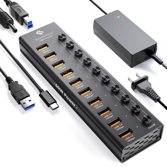 Hub USB 3.2 a tipo A, tipo C SmartDelux de 10 Gbps con 10 puertos