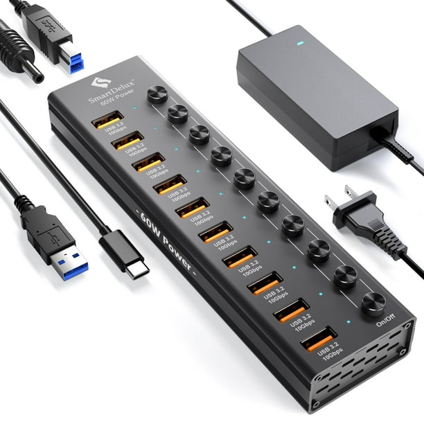 Hub USB 3.2 a tipo A, tipo C SmartDelux de 10 Gbps con 10 puertos