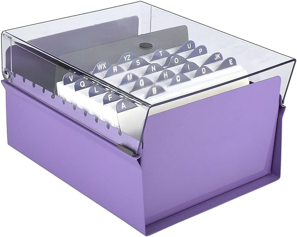 Acrimet 5 X 8 Card File Holder Organizer Box Metal Base Heavy Duty (AZ Index Cards and Divider Included) (Purple Color with Clear Crystal Plastic Lid Cover)