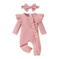 thumbnail image 1 of SUNSIOM Baby Girl 2 Piece Outfits, Round Neck Long Sleeve Ruffled Ribbed Romper + 3D Bow Headband Infant Newborn Set for Spring Fall, 1 of 6