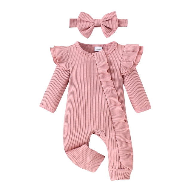 SUNSIOM Baby Girl 2 Piece Outfits, Round Neck Long Sleeve Ruffled Ribbed Romper + 3D Bow Headband Infant Newborn Set for Spring Fall
