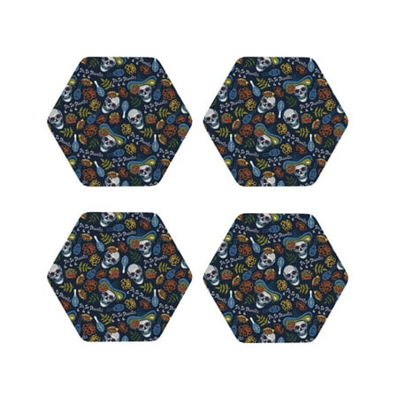 

Leather Coasters Set of 4 - flower skull Lightweight Non-Slip Drink Coasters for Desk Anti-Scalding Desk Cup Coasters for Office Table Decor Hexagon