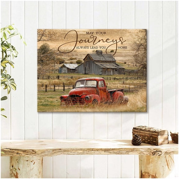 Red Truck And Vintage Barn May Your Journey Always Lead You Home Poster Wall Art Decor 11 x 17 Inch Poster