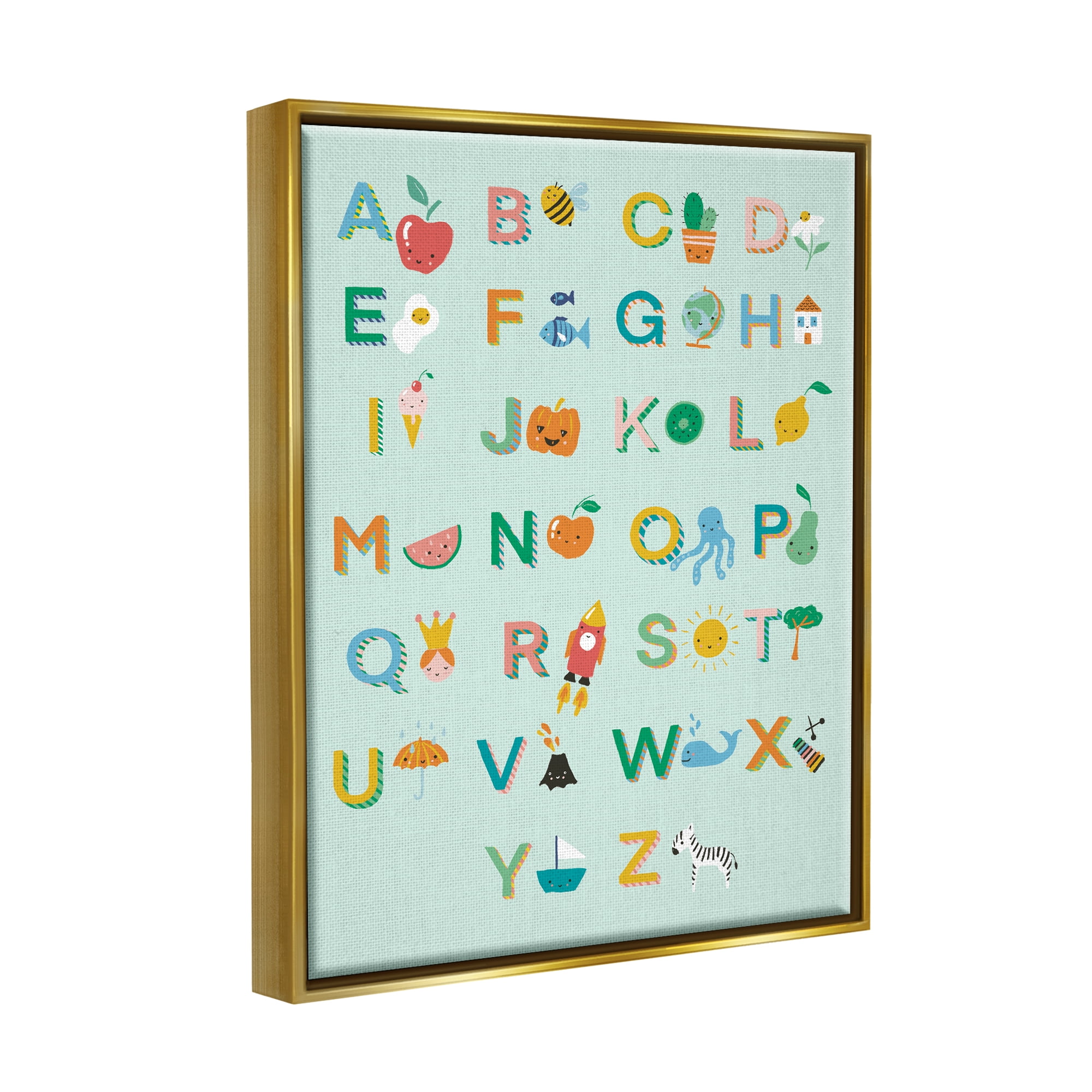 Stupell Industries Alphabet Chart on Mint Green Typography Painting Gold Floater Framed Canvas Art Print Wall Art, 17 x 21