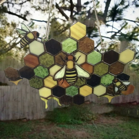 Queen Honey Bee Suncatcher Decor Happy Bee Day Sign Door Hanger Bee Suncatcher Honeycomb Hanging Decor Bumble Bee Hive Decor for Farmhouse Garden Party Supplies