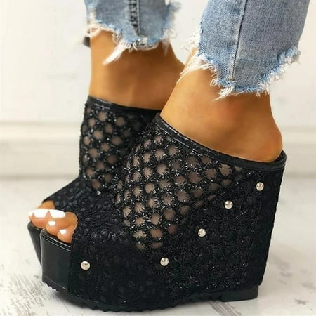 

NECHOLOGY Womens Dog Slippers Platform Toe On Wedge Summer Slip Ladies Slippers Peep Womens Shoes Womens Slipper Slides Black 7.5