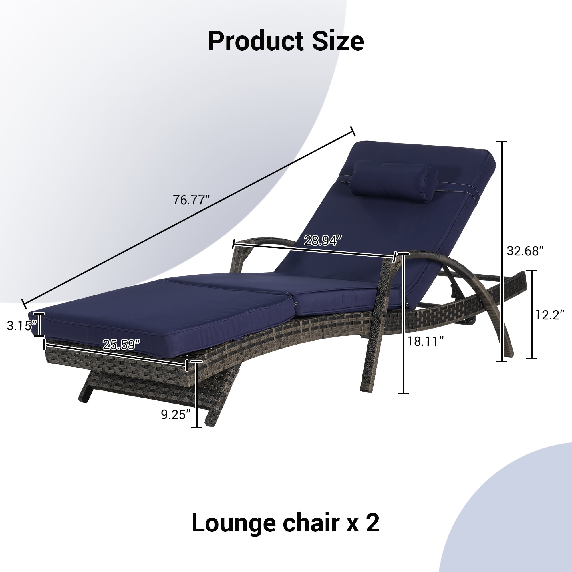 Leumius Outdoor Chaise Lounge Chair Set of 2,Wicker Reclining Lounge Chair with Cushions and Backrest Adjustable to 150° for Outside Pool Patio,Dark Blue